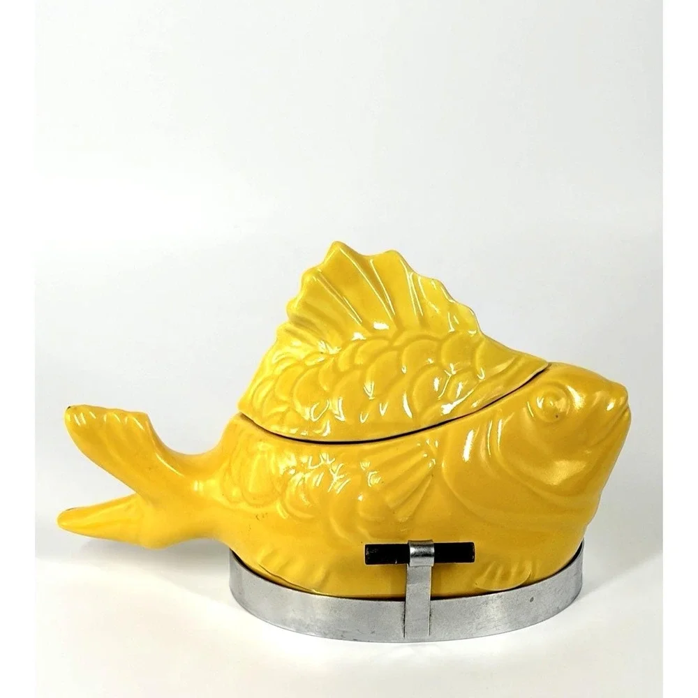 Vintage Pottery Chicken of the Sea Tuna Baker Yellow Fish - Original Stand Incl